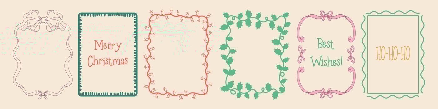 Vintage Christmas border with fir, bow, ribbon and lights. Hand drawn holiday frame for poster, banner, greeting or invitation. New Year and Christmas decoration set vector