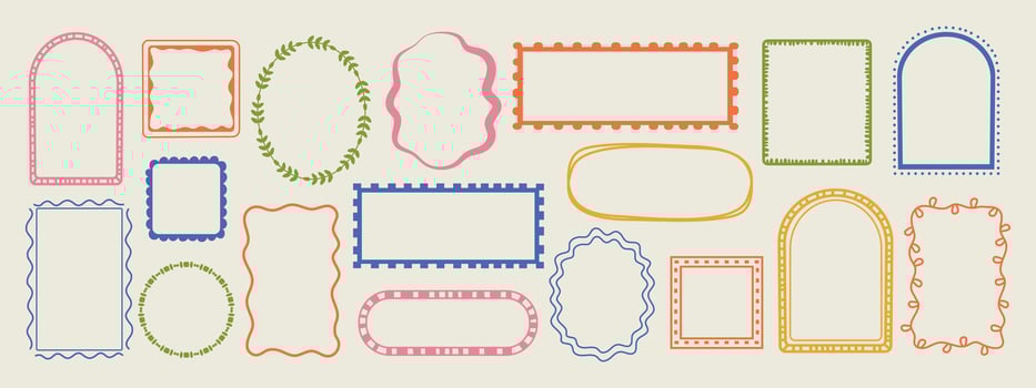 Hand drawn wave frame set. Minimal border kit with square, oval, arch, and stamp shapes. Retro ornament for card, label, banner, or invitation. Cute doodle style for celebration design. vector