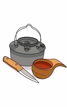 Kettle, knife, and wooden bowl vector