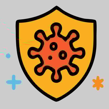 Bold Orange Virus Protected by Yellow Shield Icon. vector