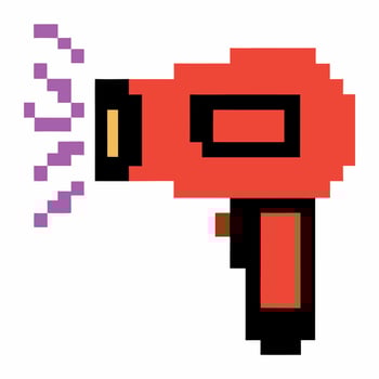 Pixel art red hair dryer emitting warm air waves, retro digital electronic appliance, 8 bit illustration vector