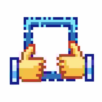 Pixel art frame made by two hands forming a rectangle gesture digital interface, touchscreen concept, retro 8 bit icon vector