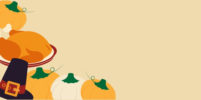 Corner Frame of Freehand Pilgrim Hat Fried Turkey and Multicolored Pumpkins Copy space Template Fond. Isolated illustration Themes Cards Party invites or promo banner, leaflet, label, price tag vector