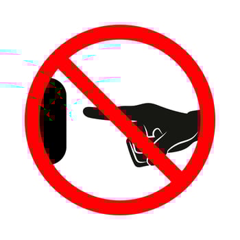 Do Not Touch Sign Illustration. A illustration of a prohibition sign featuring a black silhouette of a human hand reaching out towards a button or surface. vector