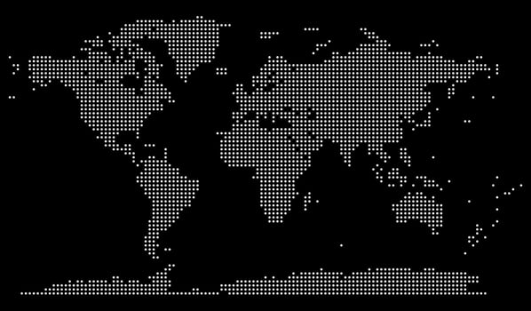 Dotted world map on black background with detailed geographic representation of every continent. Ideal for cartography, infographics, or presentations. Dotted world map in country boundary vector