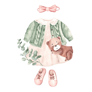 Baby Girl Clothes composition in vintage style. Dress and Cardigan, Hair band with Bow and pink Booties, plush Teddy Bear Toy and eucalyptus branches. Watercolor hand painted illustration isolated on png
