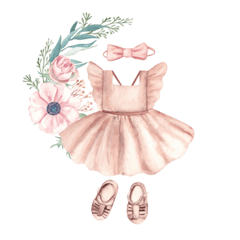 Baby Girl Clothes composition in eco style. Linen Dress, Hair band with Bow, Sandals and anemone with eucalyptus floral bouquet. Watercolor hand painted illustration png