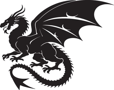a black dragon with wings spread out on a white background vector