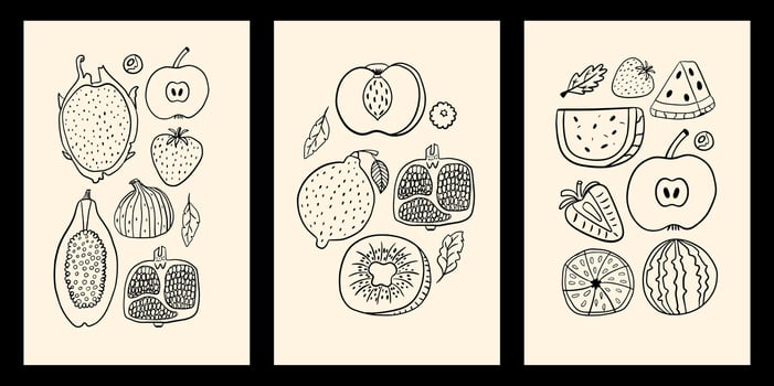Set of posters in hand draw style with different fruits. Line art apples, watermelon, dragon fruit, and other. design elements vector