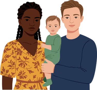 Diverse family with mother father and baby child portrait in casual clothes illustration vector