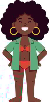 Confident woman with afro hairstyle wearing red bikini and green shirt illustration vector