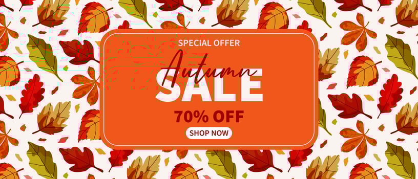 Autumn sale banner with discount on orange background with falling leaves. Seasonal marketing promotion for shopping. vector