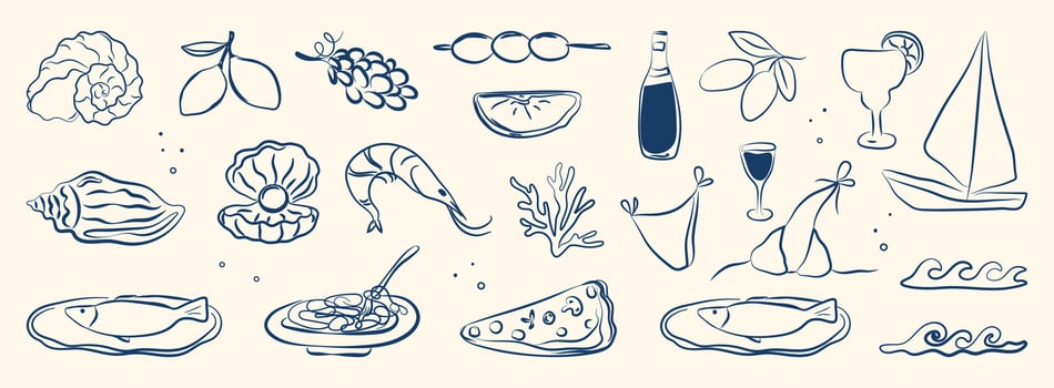 Italian summer set. Hand drawn doodle greek seafood, coast sea elements for placard, Italy menu, poster. Coastal Greece foods, oyster, olive, lemon, coral, shell, bottle wine. Ink illustration. vector
