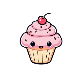 Cute Pink Cupcake illustration Sticker with Cherry for Kids and Adults vector