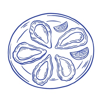 Hand drawn oyster plate with lemon illustration. Doodle seafood mussel delicacy. La dolce vita Italian style. vector