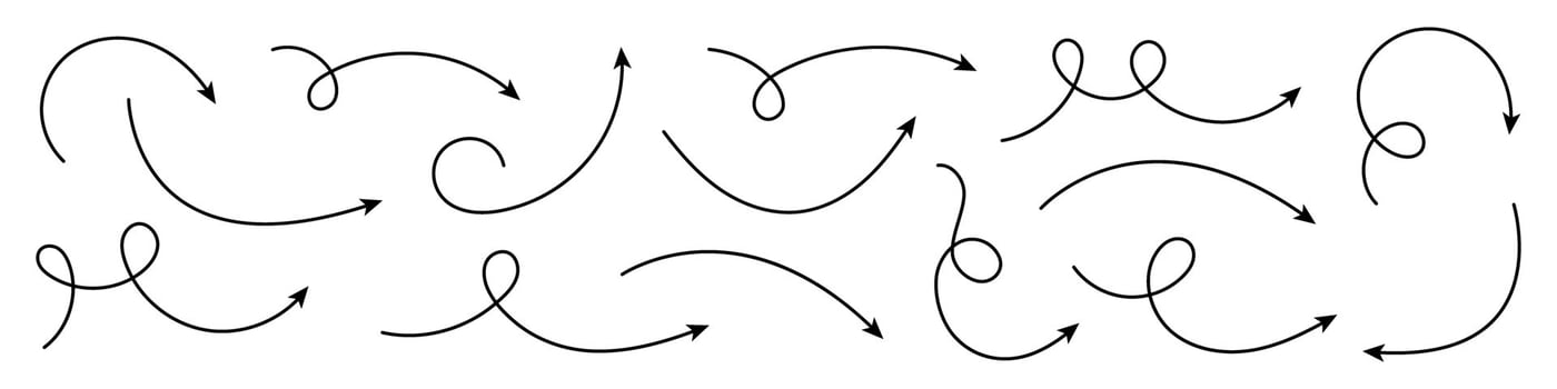 Set of thin curved hand drawn arrows. vector