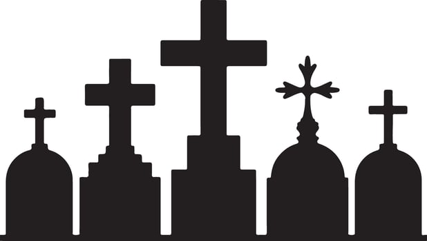 Five Black Silhouette Grave Markers with Crosses Varying Heights and Styles on White Background Cemetery Icon Set Funeral Remembrance Symbol vector