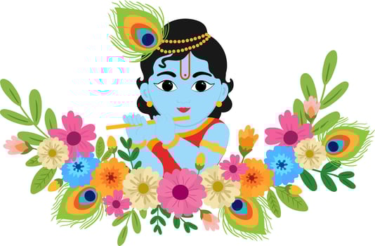 baby Krishna playing flute with flowers and peacock feathers colorful Hindu art for Janmashtami, spiritual greeting cards, India culture vector