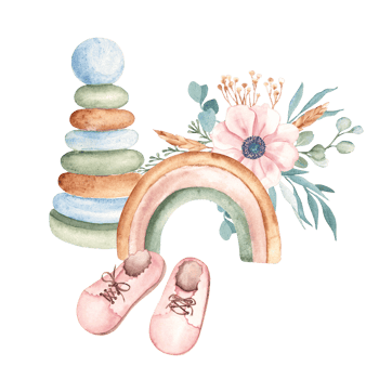 Baby Girl cute composition. Pink Booties, wooden rainbow and pyramid toy and floral bouquet. Watercolor hand drawn kid illustration in eco style. For baby shower, its a girl or birthday party. png