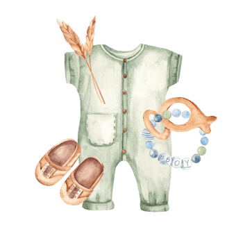 Baby shower Boy composition in eco style. Bodysuit and moccasins, teething ring and spikelets of wheat. Watercolor hand painted kid clothes. For Its a boy, gender reveal png