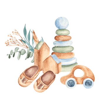 Baby boy cute composition. Wooden toys, kids shoes and floral bouquet with eucalyptus. Watercolor hand drawn kid illustration in eco style. For baby shower, its a boy or welcome baby party. png