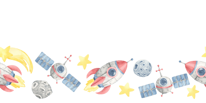 Red rockets, grey satellites, and yellow stars form this seamless border space watercolor clipart. Ideal for boys birthday invitations, nursery prints, or galactic-themed printable party decor png