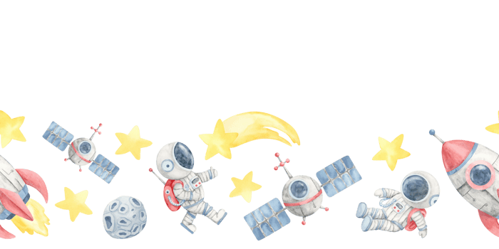 Red rockets, satellites, stars, comets and astronauts in gray spacesuits compose this space seamless border watercolor clipart. Great for invitation cards, stationery, or childrens product packaging png