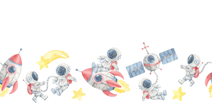 Space explorers, yellow comets, stars, red rockets, and gray satellites in a seamless border watercolor clipart. Use it for printable bookmarks, outer space banners, or nursery design elements png