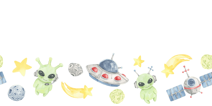 Red and blue UFOs, green aliens, yellow stars, and planets in seamless border watercolor clipart. Ideal for kids crafts, greeting cards, party printables, or scrapbook layouts with space themes png