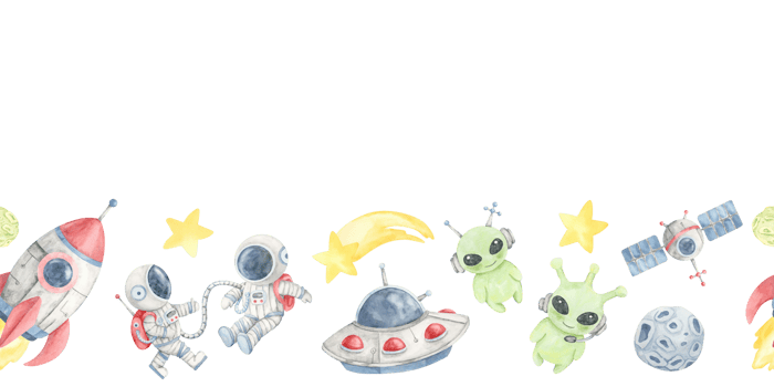 Red rockets, astronauts, satellites, aliens, and moons compose this watercolor clipart seamless border. Great for digital classroom tools, wall decals, or custom apparel for kids space collections png