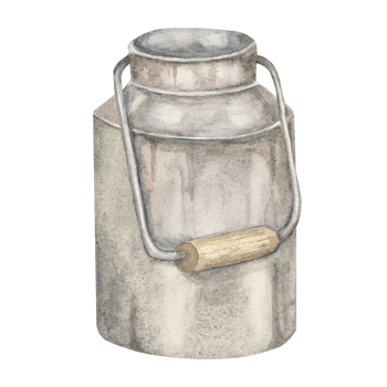 Metal milk can with wooden handle without lid, open in gray tones, watercolor clipart. Metal canister illustration. Ideal for packaging design, branding, farm signage, or kitchen textile patterns png