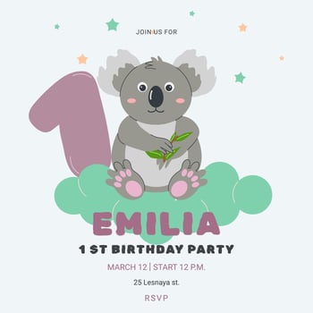 Invitation childrens birthday party with cute koala and number. Celebration First birthday. Greeting card template for children. illustration. vector