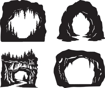 Cave Entrance Silhouette Icon Set vector
