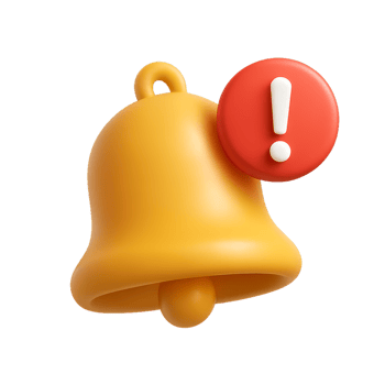 3D Yellow Notification Bell Icon with Red Alert Symbol png