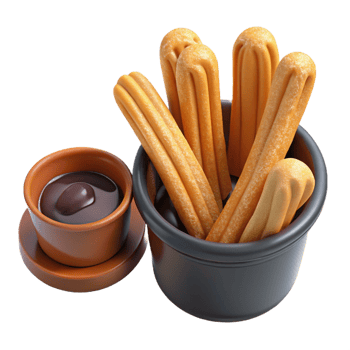 3D Rendered Churro Delight with Chocolate Dip in Bowl Still Life png
