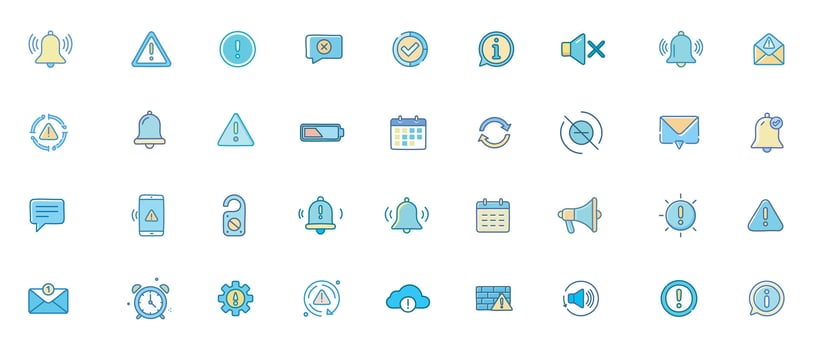 Notification and Alerts Color Icon Set Minimal Icons of Warnings, Reminders, System Messages, and User Notifications vector