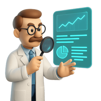Scientist Analyzing Holographic Data with Magnifying Glass and Charts png