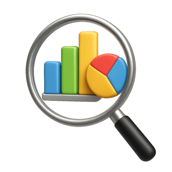 3D Chart Analysis with Magnifying Glass on Colorful Graph Elements png