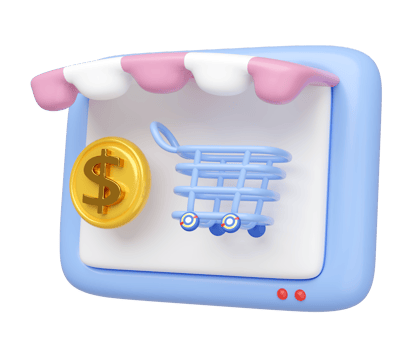 3D computer monitor store front with dollar coin, shopping cart isolated. Ideal for online shopping, represents e commerce and online retail. cartoon style, minimal design, 3d render png