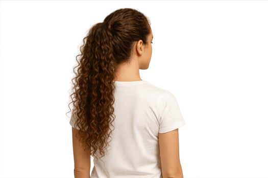 A Back View of a Woman with a Long and Healthy Curly Ponytail png