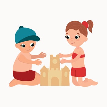 Children making a sandcastle together vector