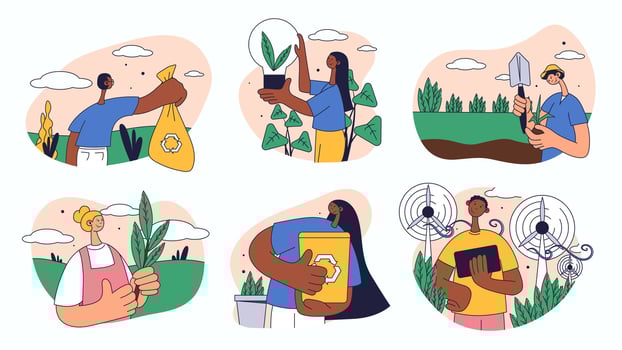 People engaged in sustainable gardening activities vector