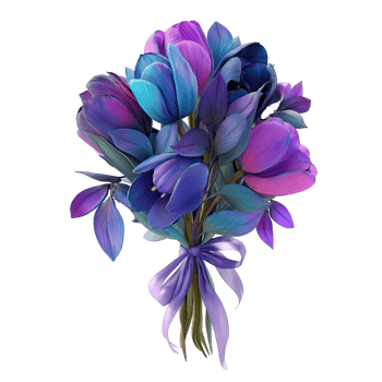 Elegant bouquet of purple and blue tulips with bow on transparent background png