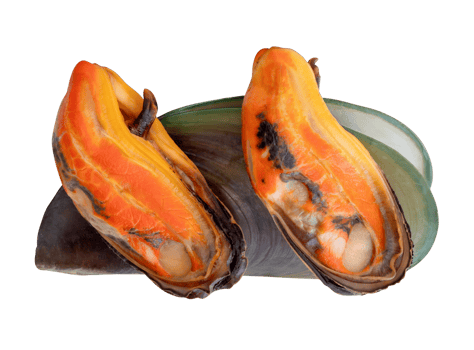 Three steamed green mussels in red meat and shell in pile isolated with clipping path in file format png