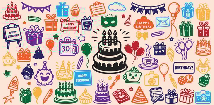 Colorful of Birthday Doodle Icon Set vector