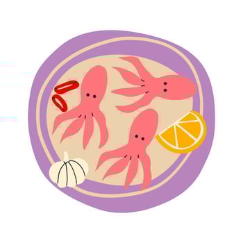 Seafood meals in cartoon style. on plate. Isolated illustration. Hand drawn Mediterranean sea food , summer vibe vector