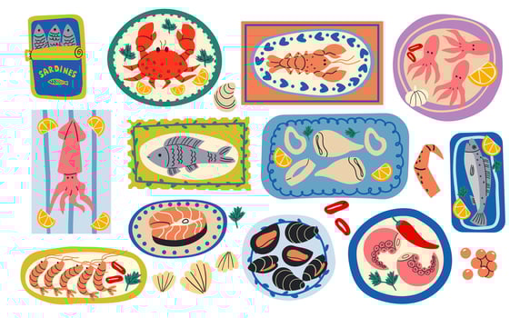 Illustration of various seafood dishes vector