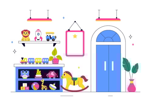 Children's Toy Store Flat with Cars, Teddy Bears, Kites, and Joyful Background vector