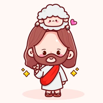 Cute Jesus Cartoon with Sheep on Head illustration vector