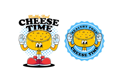 Cheese wheel food retro mascot illustration logo set with okay hand pose. Cheddar character smiling for healthy snack branding. Funny cheese block cartoon mascot for kids snack and food vector